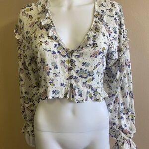 Free People White Floral Ruffle Blouse